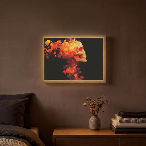 Schedel - Oranje - Zijaanzicht - Vlammen Light Box met batterij (Wandlamp) middel -sfeer4