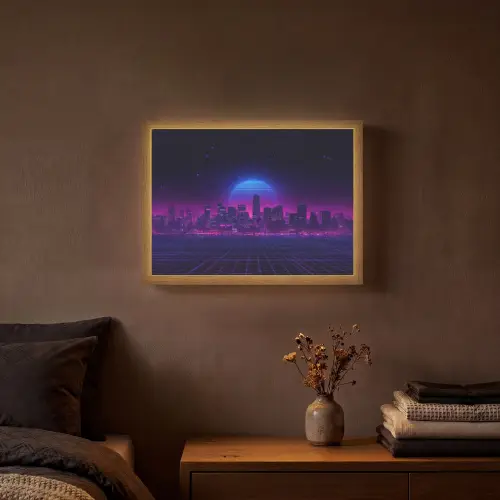 Skyline - Zon - Neon - Rasterpatroon Light Box met batterij (Wandlamp) middel -sfeer4