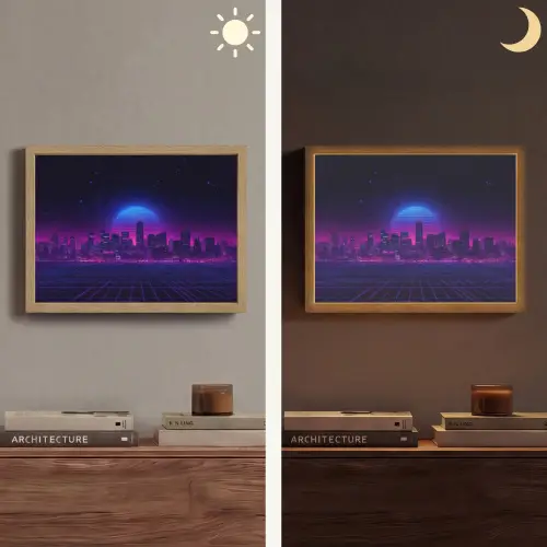 Skyline - Zon - Neon - Rasterpatroon Light Box met batterij (Wandlamp) middel -sfeer3