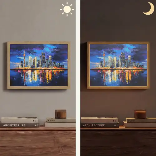 Skyline Toronto - Modern - Stadslicht - Blauw Light Box met batterij (Wandlamp) middel -sfeer3