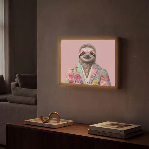 Luiaard - Bloemenprint - Bril - Roze Light Box met batterij (Wandlamp) middel -sfeer1
