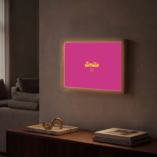 Smile - Stippen - Geel - Smiley - Roze Light Box met batterij (Wandlamp) middel -sfeer1
