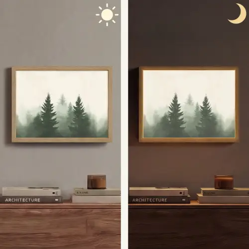 Sparren - Bomen - Groen - Beige Light Box met batterij (Wandlamp) middel -sfeer3