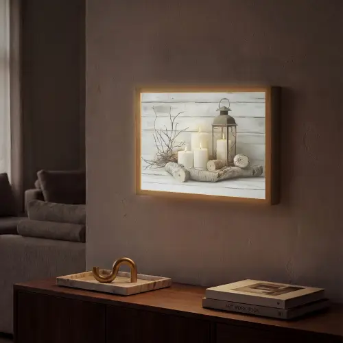 Stilleven - Wit - Kaarsen - Rustiek - Natuur Light Box met batterij (Wandlamp) middel -sfeer1