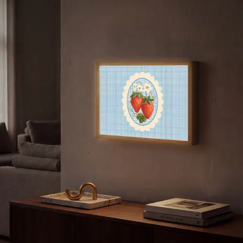Aardbeien - Lijst - Rood - Geruit Light Box met batterij (Wandlamp) middel -sfeer1