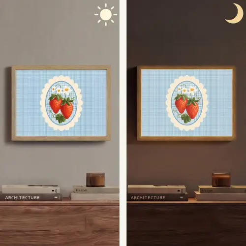 Aardbeien - Lijst - Rood - Geruit Light Box met batterij (Wandlamp) middel -sfeer3