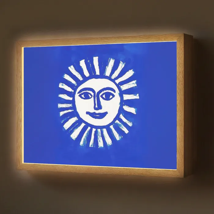 Zon - Gezicht - Penseelstructuur - Blauw Light Box met batterij (Wandlamp) middel -z3d_website