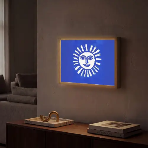 Zon - Gezicht - Penseelstructuur - Blauw Light Box met batterij (Wandlamp) middel -sfeer1