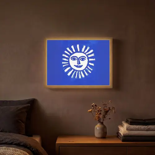 Zon - Gezicht - Penseelstructuur - Blauw Light Box met batterij (Wandlamp) middel -sfeer4