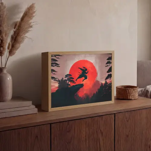 Zon - Krijger - Bomen - Bergen Light Box met batterij (Wandlamp) middel -sfeer2