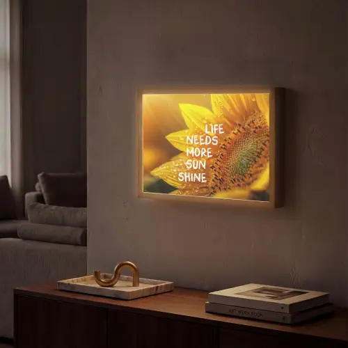 Zonnebloem - Close up - Geel - Quote Light Box met batterij (Wandlamp) middel -sfeer1