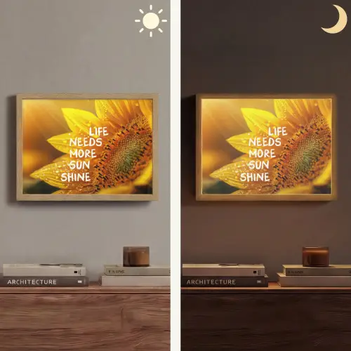 Zonnebloem - Close up - Geel - Quote Light Box met batterij (Wandlamp) middel -sfeer3