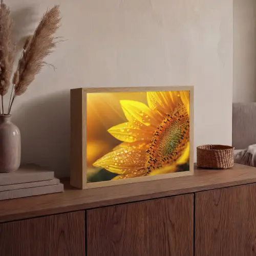 Zonnebloem - Dauwdruppels - Geel - Zonlicht Light Box met batterij (Wandlamp) middel -sfeer2