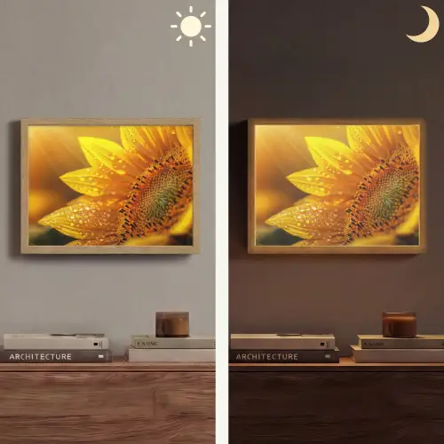 Zonnebloem - Dauwdruppels - Geel - Zonlicht Light Box met batterij (Wandlamp) middel -sfeer3