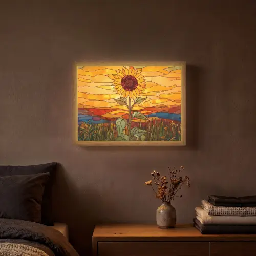 Zonnebloem - Mozaïek - Zonsondergang - Geel Light Box met batterij (Wandlamp) middel -sfeer4