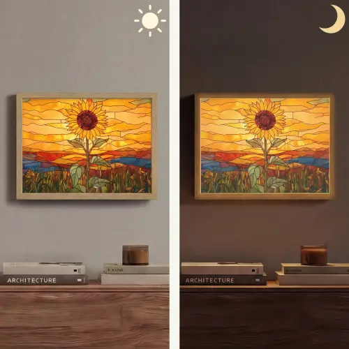 Zonnebloem - Mozaïek - Zonsondergang - Geel Light Box met batterij (Wandlamp) middel -sfeer3