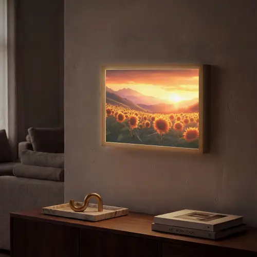 Zonnebloemen - Zonsondergang - Landschap Light Box met batterij (Wandlamp) middel -sfeer1