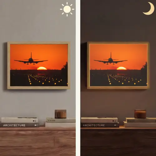 Zonsondergang - Vliegtuig - Oranje - Zon Light Box met batterij (Wandlamp) middel -sfeer3