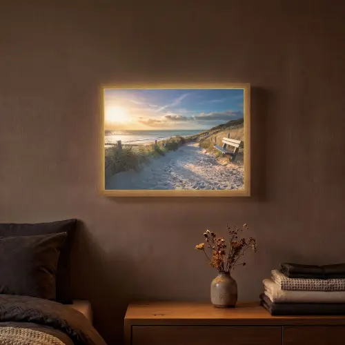 Zonsondergang - Strand - Duin - Gras - Bank Light Box met batterij (Wandlamp) middel -sfeer4