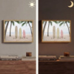 Surfboard - Palmbomen - Kleurrijk Light Box met batterij (Wandlamp) middel -sfeer3