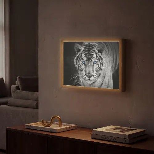 Tijger - Dier - Zwart - Blauw - Modern Light Box met batterij (Wandlamp) middel -sfeer1