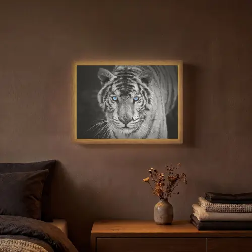 Tijger - Dier - Zwart - Blauw - Modern Light Box met batterij (Wandlamp) middel -sfeer4