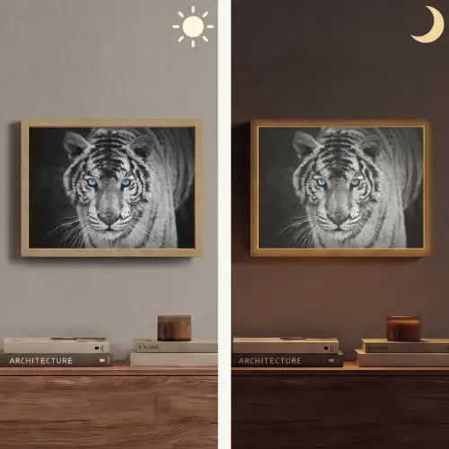 Tijger - Dier - Zwart - Blauw - Modern Light Box met batterij (Wandlamp) middel -sfeer3