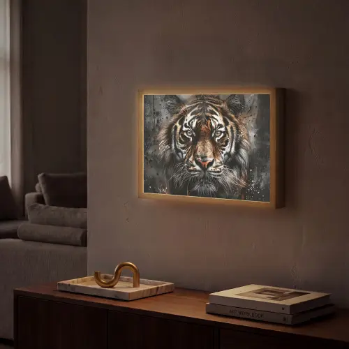 Tijger - Dieren - Portret - Luxe - Zwart Light Box met batterij (Wandlamp) middel -sfeer1