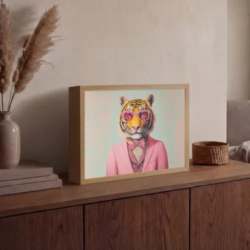 Tijger - Strik - Jasje - Roze Light Box met batterij (Wandlamp) middel -sfeer2