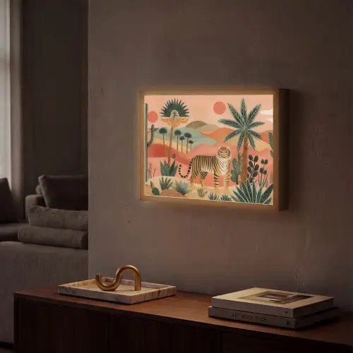Tijger - Kleurrijk - Palmen - Cactus Light Box met batterij (Wandlamp) middel -sfeer1