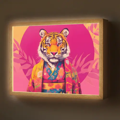 Tijger - Kimono - Planten - Roze Light Box met batterij (Wandlamp) middel -z3d_website