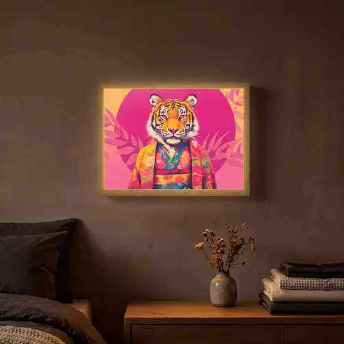Tijger - Kimono - Planten - Roze Light Box met batterij (Wandlamp) middel -sfeer4