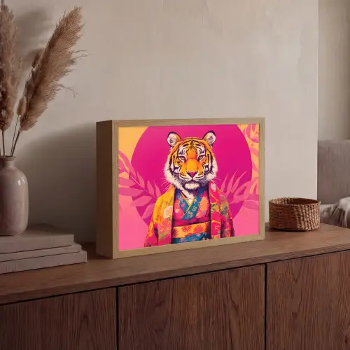 Tijger - Kimono - Planten - Roze Light Box met batterij (Wandlamp) middel -sfeer2