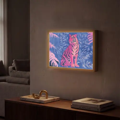 Tijger - Roze - Bladeren - Jungle Light Box met batterij (Wandlamp) middel -sfeer1