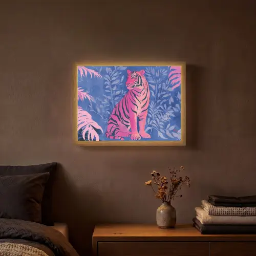 Tijger - Roze - Bladeren - Jungle Light Box met batterij (Wandlamp) middel -sfeer4