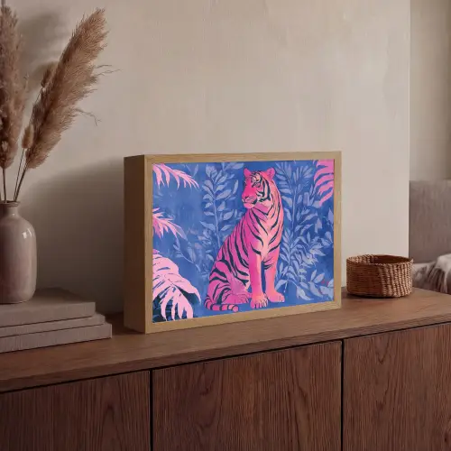 Tijger - Roze - Bladeren - Jungle Light Box met batterij (Wandlamp) middel -sfeer2