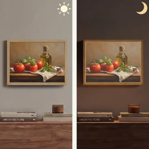 Tomaten - Olijfolie - Stilleven Light Box met batterij (Wandlamp) middel -sfeer3