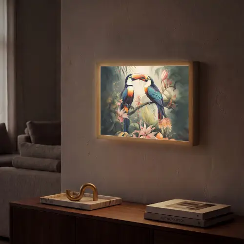 Toekan - Vogels - Bloemen - Natuur - Jungle Light Box met batterij (Wandlamp) middel -sfeer1