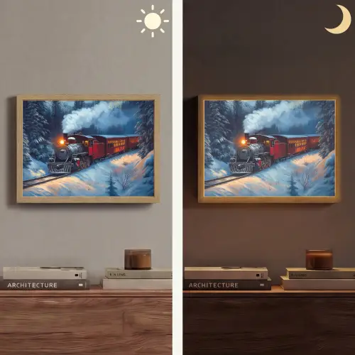 Trein - Kerst - Sneeuw - Kersttrein Light Box met batterij (Wandlamp) middel -sfeer3