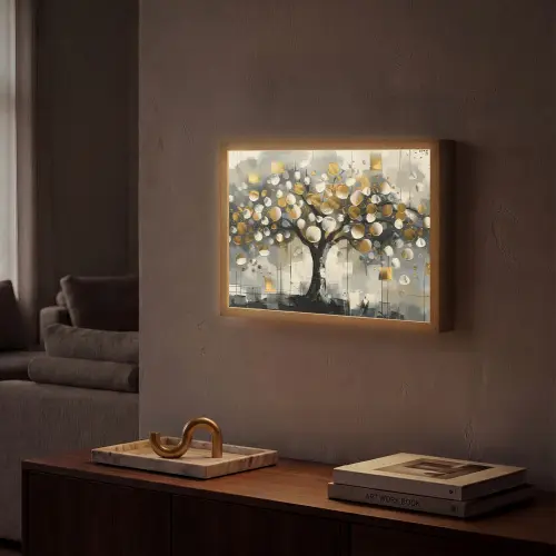 Boom - Abstract - Beige - Goud - Zwart Light Box met batterij (Wandlamp) middel -sfeer1