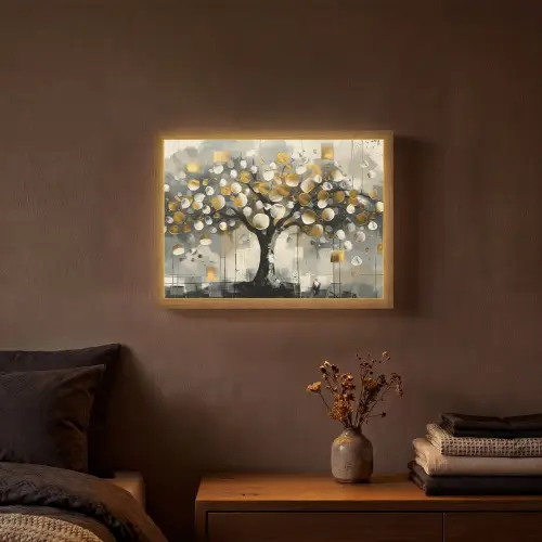 Boom - Abstract - Beige - Goud - Zwart Light Box met batterij (Wandlamp) middel -sfeer4