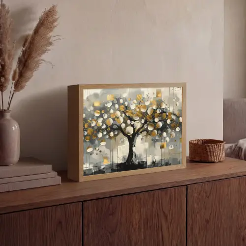 Boom - Abstract - Beige - Goud - Zwart Light Box met batterij (Wandlamp) middel -sfeer2