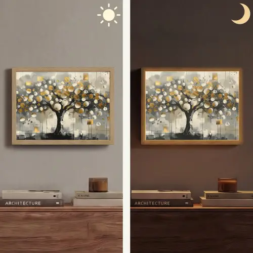 Boom - Abstract - Beige - Goud - Zwart Light Box met batterij (Wandlamp) middel -sfeer3