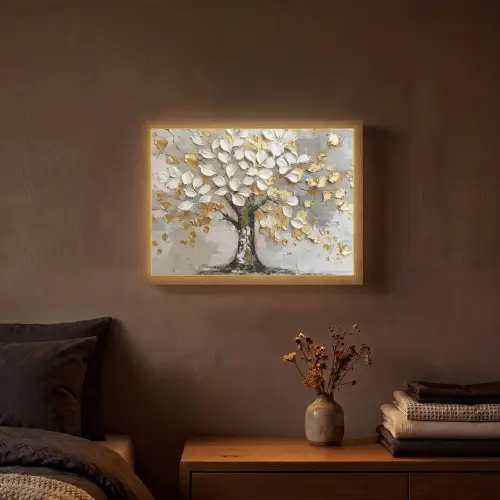 Boom - Beige - Grijs - Goud - Abstract Light Box met batterij (Wandlamp) middel -sfeer4
