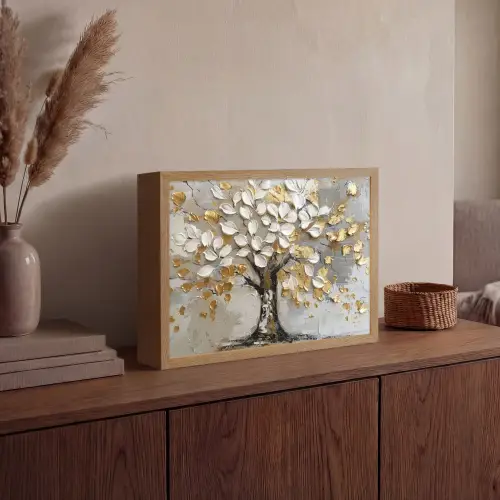 Boom - Beige - Grijs - Goud - Abstract Light Box met batterij (Wandlamp) middel -sfeer2