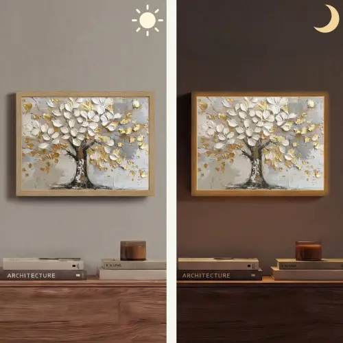 Boom - Beige - Grijs - Goud - Abstract Light Box met batterij (Wandlamp) middel -sfeer3