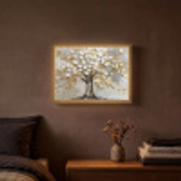 Boom - Beige - Grijs - Goud - Abstract Light Box met batterij (Wandlamp) middel -sfeer4