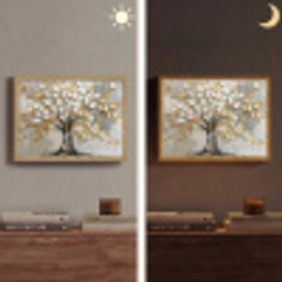 Boom - Beige - Grijs - Goud - Abstract Light Box met batterij (Wandlamp) middel -sfeer3