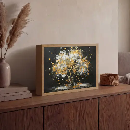 Boom - Zwart - Goud - Wit - Modern Light Box met batterij (Wandlamp) middel -sfeer2