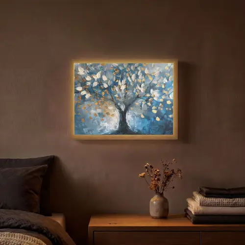 Boom - Blauw - Goud - Abstract Light Box met batterij (Wandlamp) middel -sfeer4